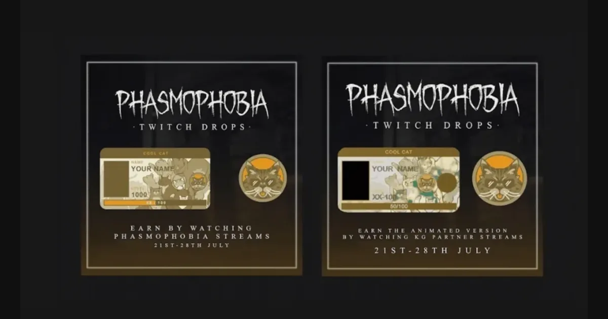 Стрим Phasmophobia на мониторе с анимированной карточкой Cool Cat поверх изображения