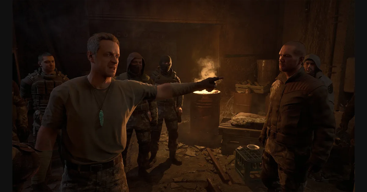 Постер игры Stalker 2 в тёмных тонах с сияющим огнём вдалеке