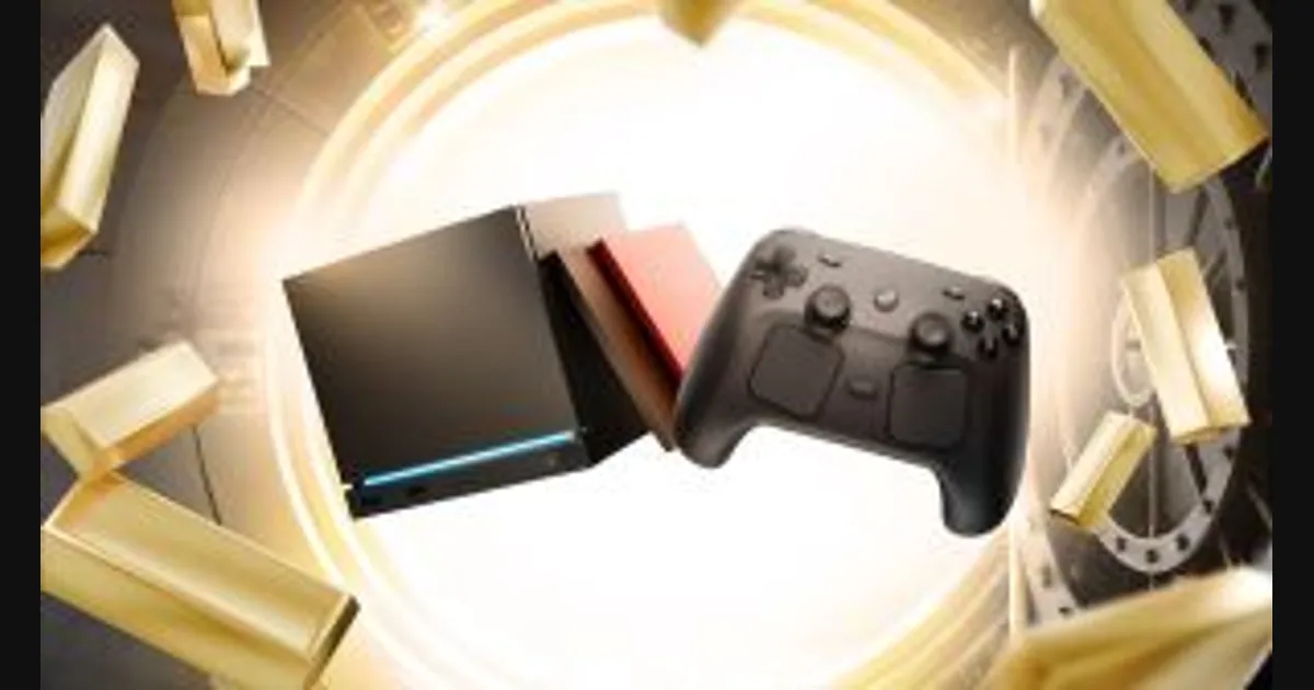 Стильная игровая консоль у экрана с лотерейными билетами вокруг, без людей и логотипов.